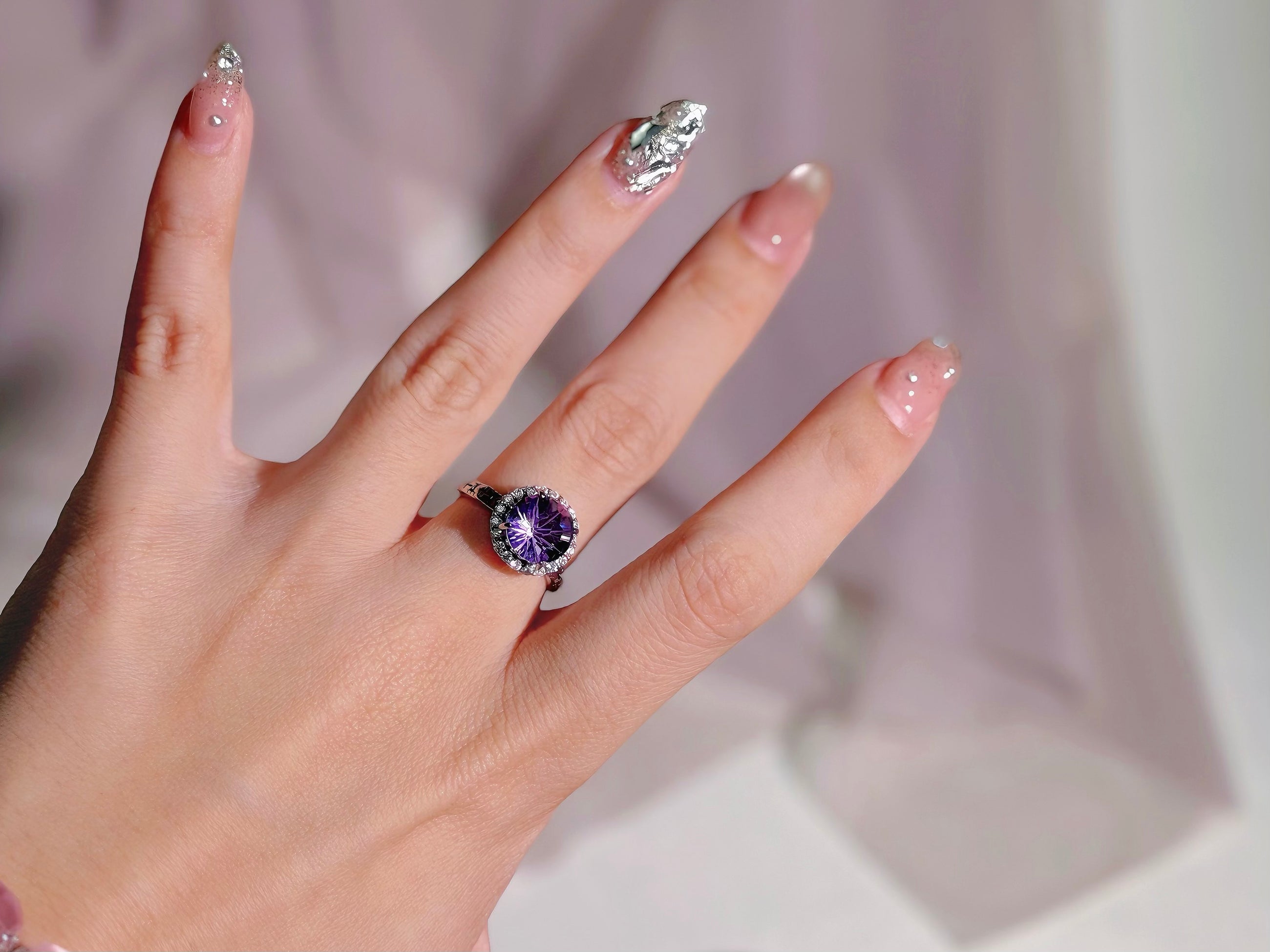 Amethyst Concave Halo Ring